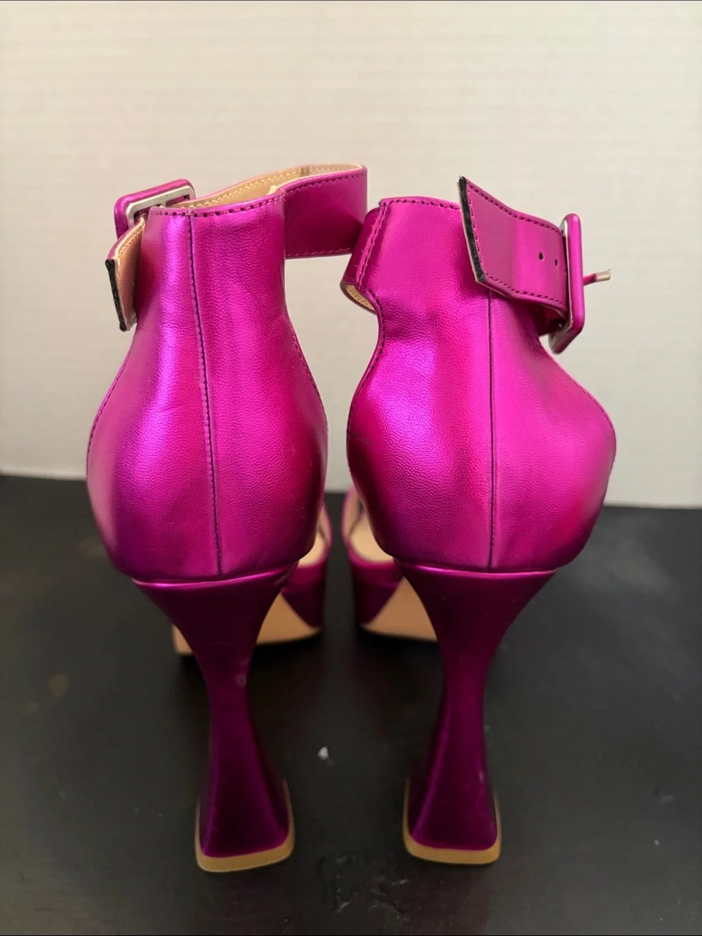 Berness Fuchsia Metallic Platform Ankle-Strap Heels, Size 8.5, 5” heels
